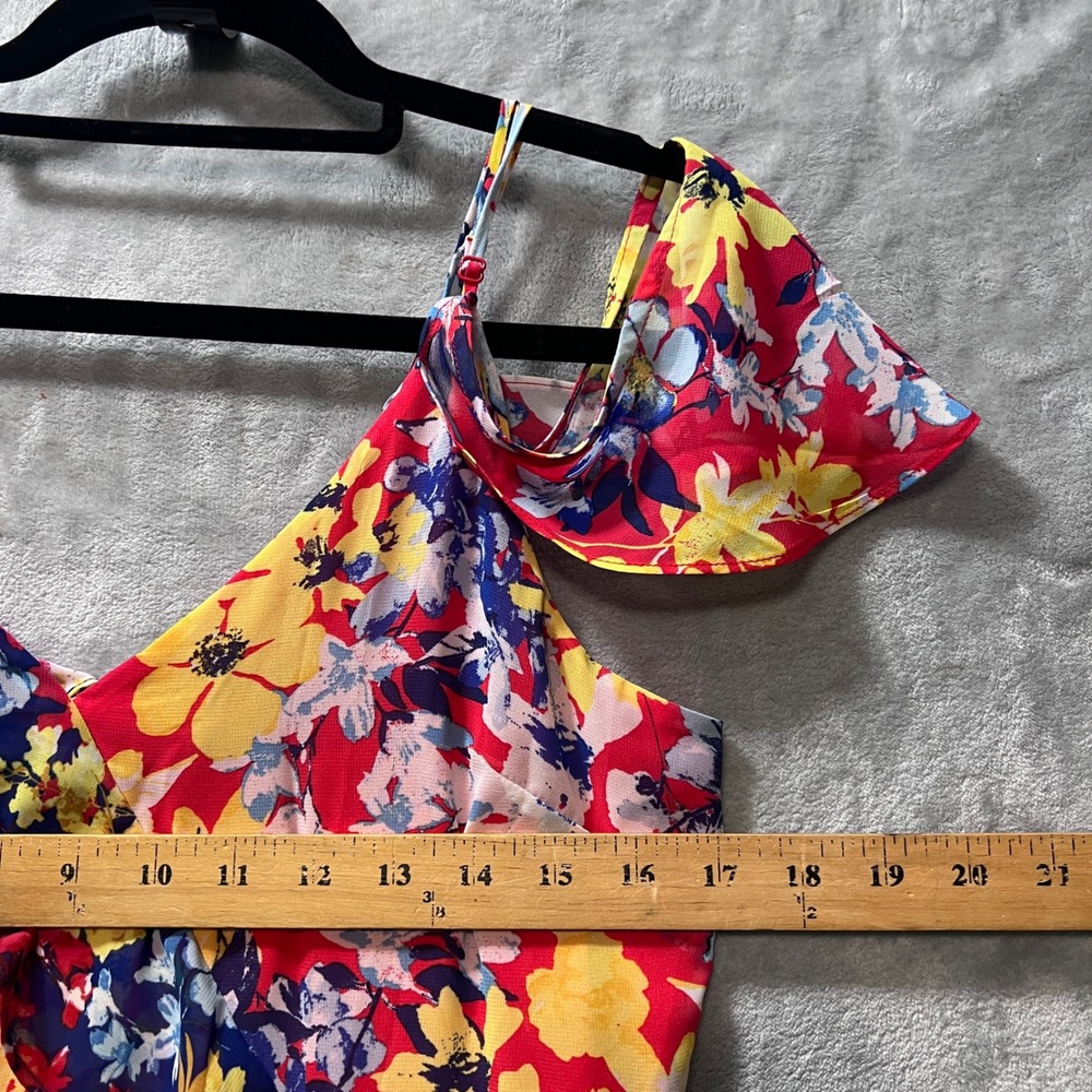 Lulus Maxi Dress Floral High-LowRuby Red Ruffle Cold Shoulder Medum - Picture 4 of 16